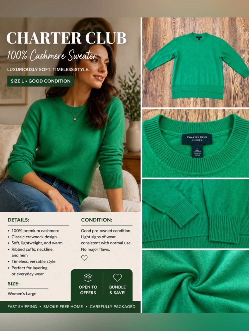 Charter Club 100% Cashmere Sweater Size L Green Crewneck Luxury Soft Knit